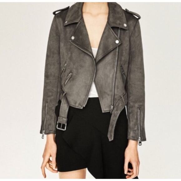 Zara Jackets & Blazers - Zara Faux Suede Cropped Moto Jacket Zip Front Unlined Gray Small